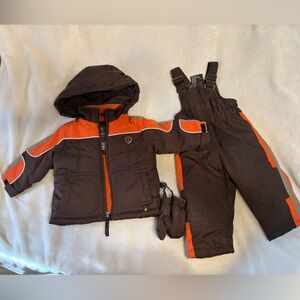 Kids Brown & Orange Puffer Jacket and Bib Snow Pants Set